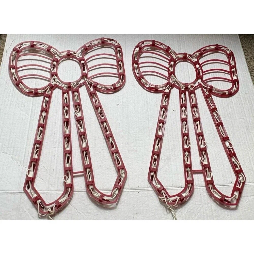 Vintage Christmas Lighted Bow Decorations Red Lights Set of 3 Large 30”